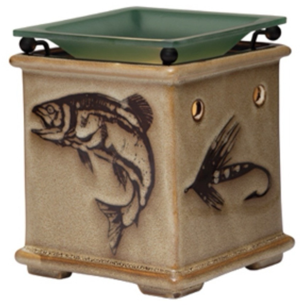 Scentsy Angler Full-Size Warmer Fish Fly Fishing Lure Ceramic Green Glass Dish